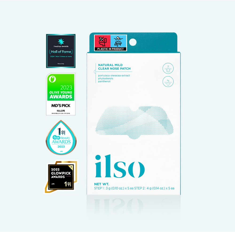 Ilso clear nose patch packaging with awards on a light blue background, Ilso Natural Mild Clear Nose Patch