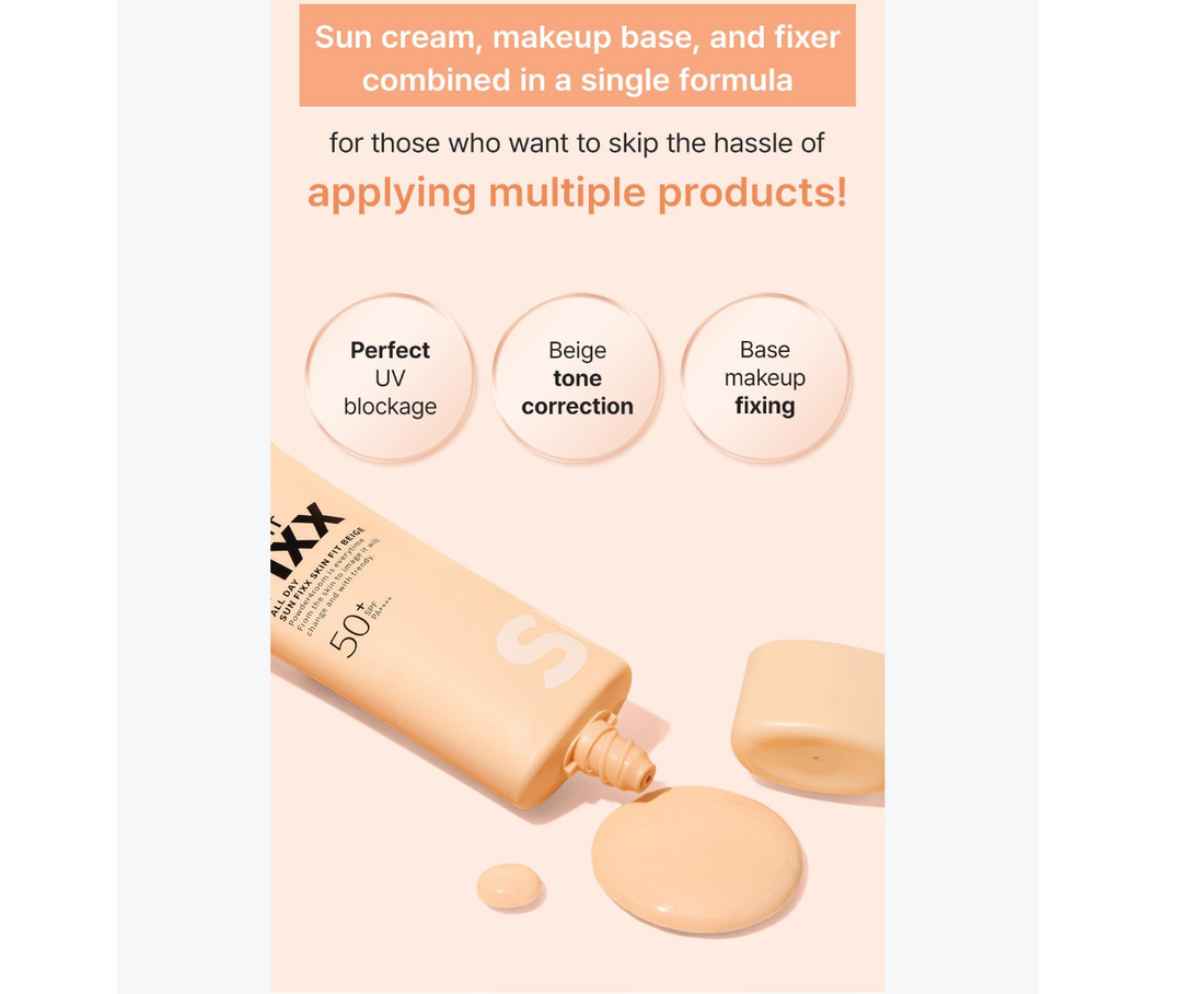 A squeeze tube of Sun Skin Fit Fixx All Day Sun Face Skin Fit Breeze SPF 50+ sunscreen, shown on a clean white background. So.Natural All Day Sun Fixx Skin Fit Beige SPF50+ PA++++ 50ml