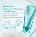 Medicube Azelaic Acid Niacinamide Gummy Whip Cleanser in a translucent teal tube, shown with white foam bubbles and promotional text on a pale blue background, Medicube Azelaic Acid Niacinamide Deep Clean Foam Cleanser 120g