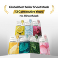 Sheet masks with various ingredients on a white background, featuring text about being a global bestseller for 13 consecutive years, Mediheal Rose PDRN Mask 10+1