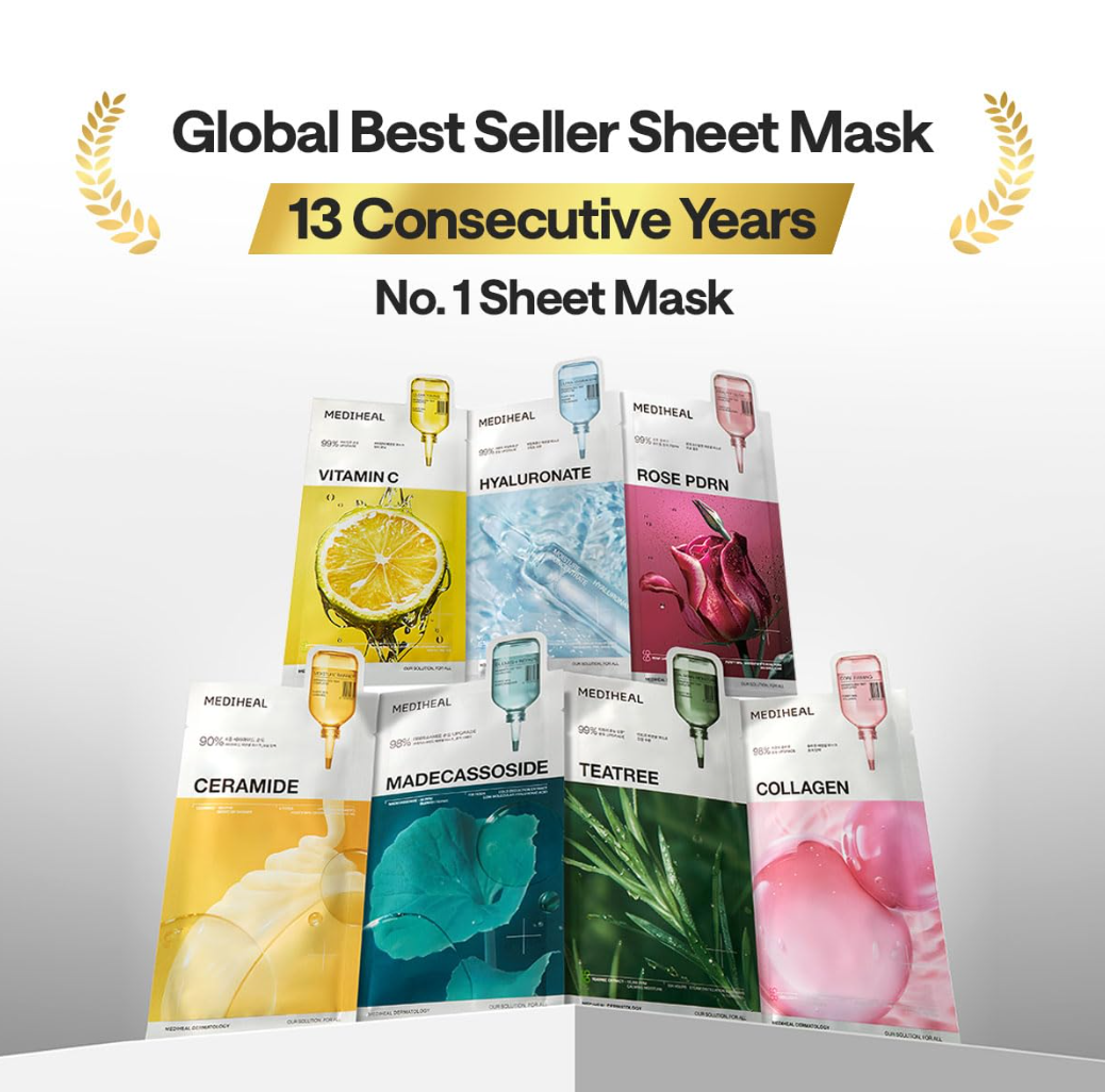 Sheet masks with various ingredients on a white background, featuring text about being a global bestseller for 13 consecutive years, Mediheal Rose PDRN Mask 10+1