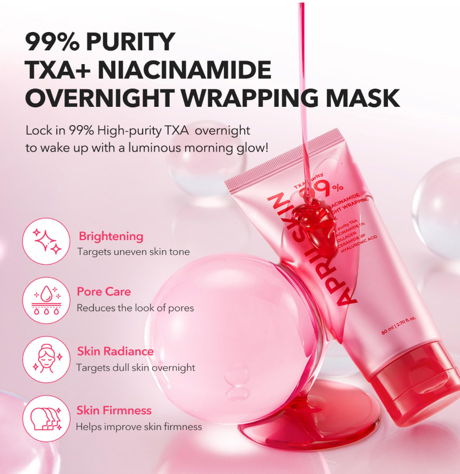 99% Purity TXA+ Niacinamide Overnight Wrapping Mask with product packaging and benefits listed, April Skin TXA Niacinamide 99 Night Wrapping Mask 80ml