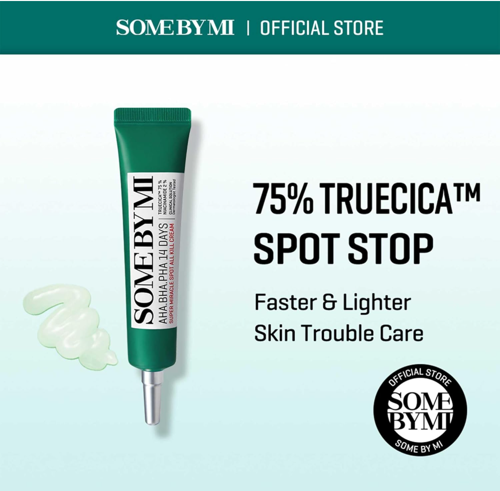 SomeByMi 75% Truecica Spot Stop cream tube on a light blue background, Somebymi AHA.BHA.PHA 14Days Super Miracle Spot All Kill Cream 30ml