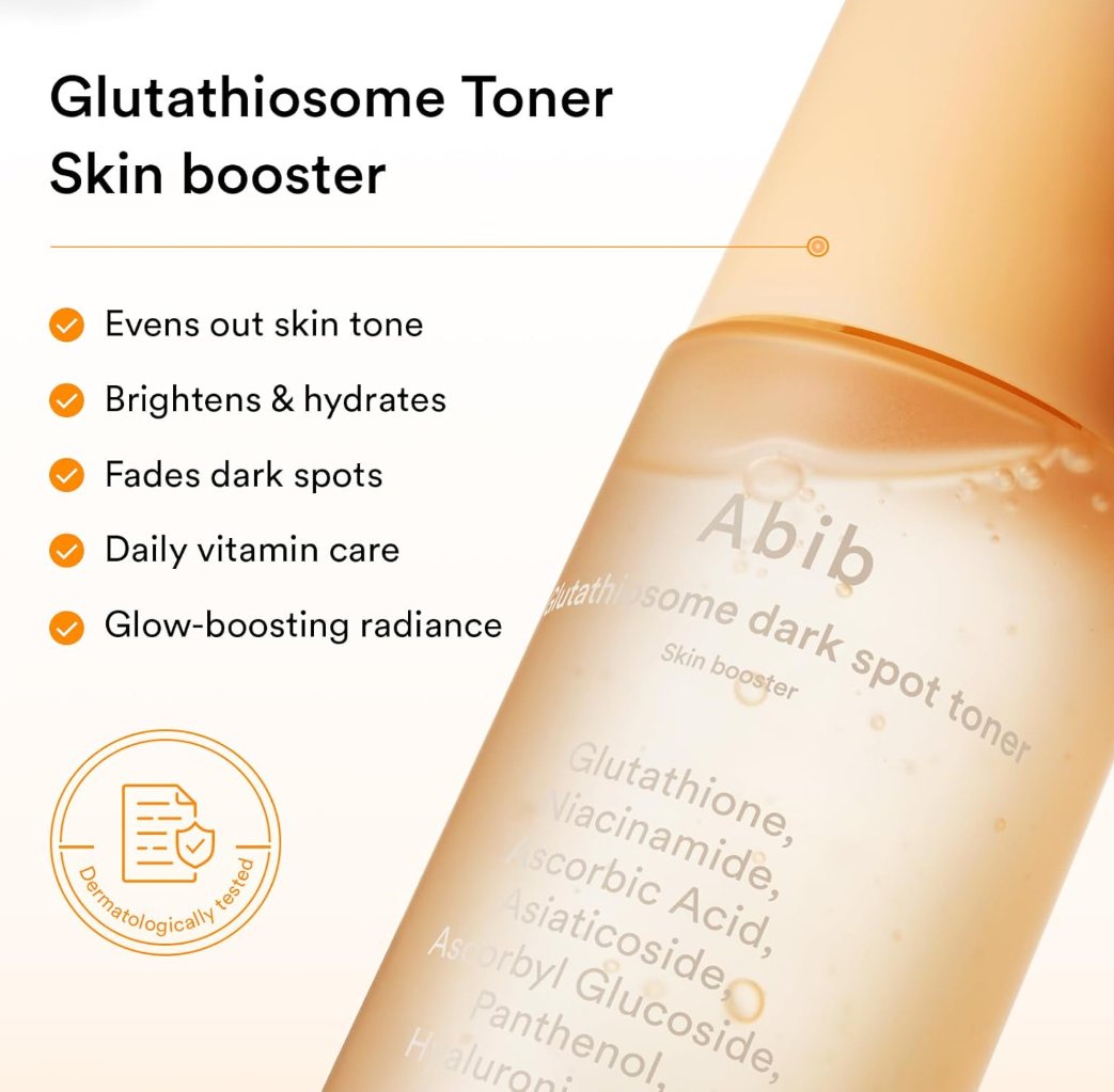 Glutathionesome toner bottle with product features listed on a white background, Abib Glutathiosome Dark Spot Toner 200ml