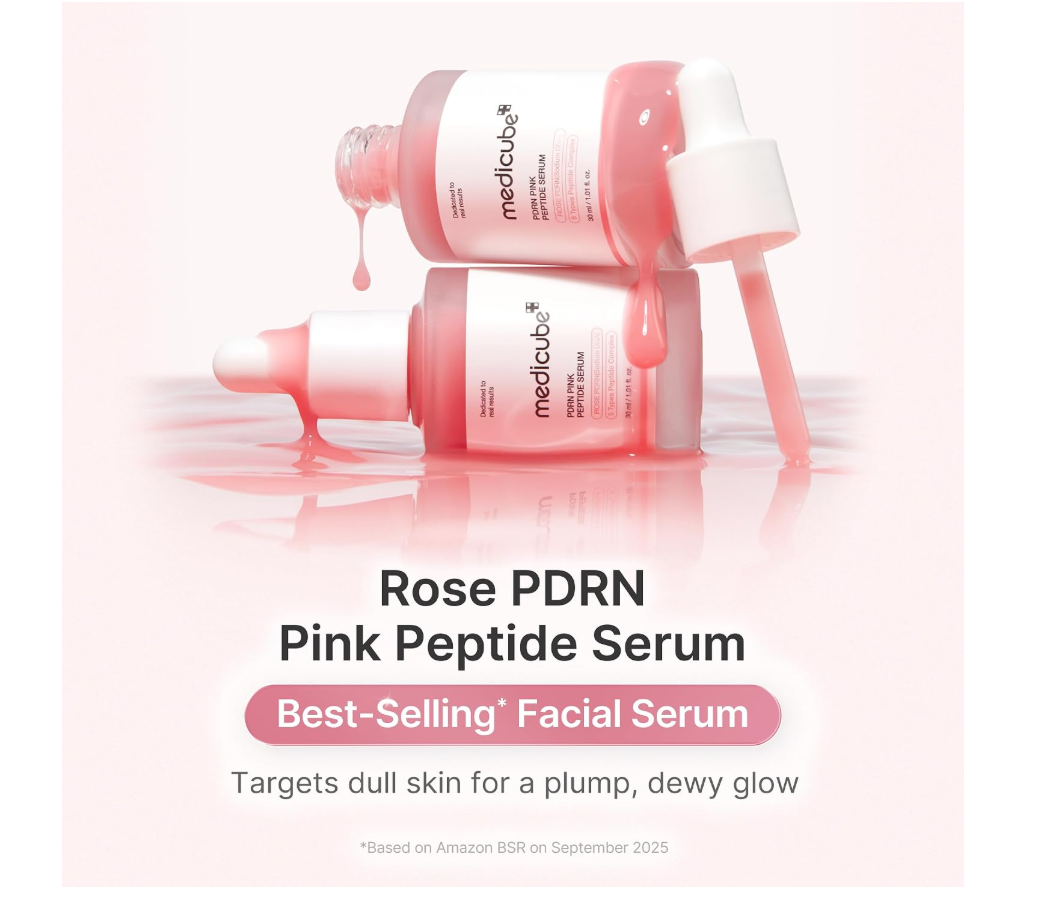 Medicube Poini Pink Peptide Serum in a frosted glass dropper bottle with a white cap and label, set against a white background with pink serum droplets. Medicube PDRN Pink Peptide Serum 30ml