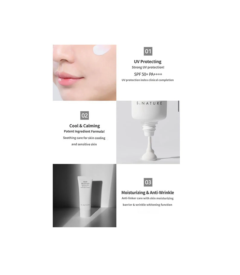 S.Nature Aqua 365 UV Sun protective cream tube on a white background, S.nature Aqua 365 UV Sun spf 50+ 40ml