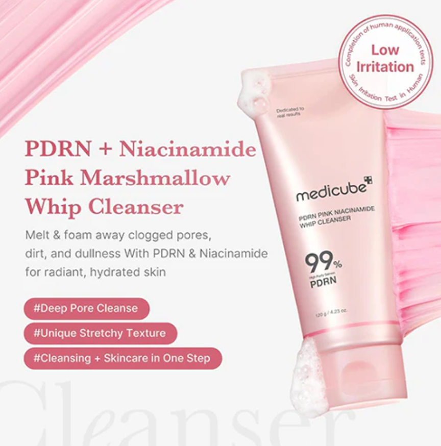 Pink tube of Medicube cleanser on a white background， Medicube PDRN Pink Niacinamide Whip Cleanser 120g