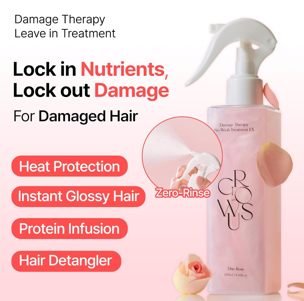 Hair care product with text highlighting features on a white background, Growus Damage Therapy No-Wash Treatment EX 250ml