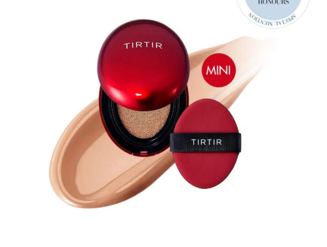 TIRTIR cosmetic compact with red lid and black band on a white background, MINI TIRTIR Mask Fit Red Cushion 33C Hazel 4.5g