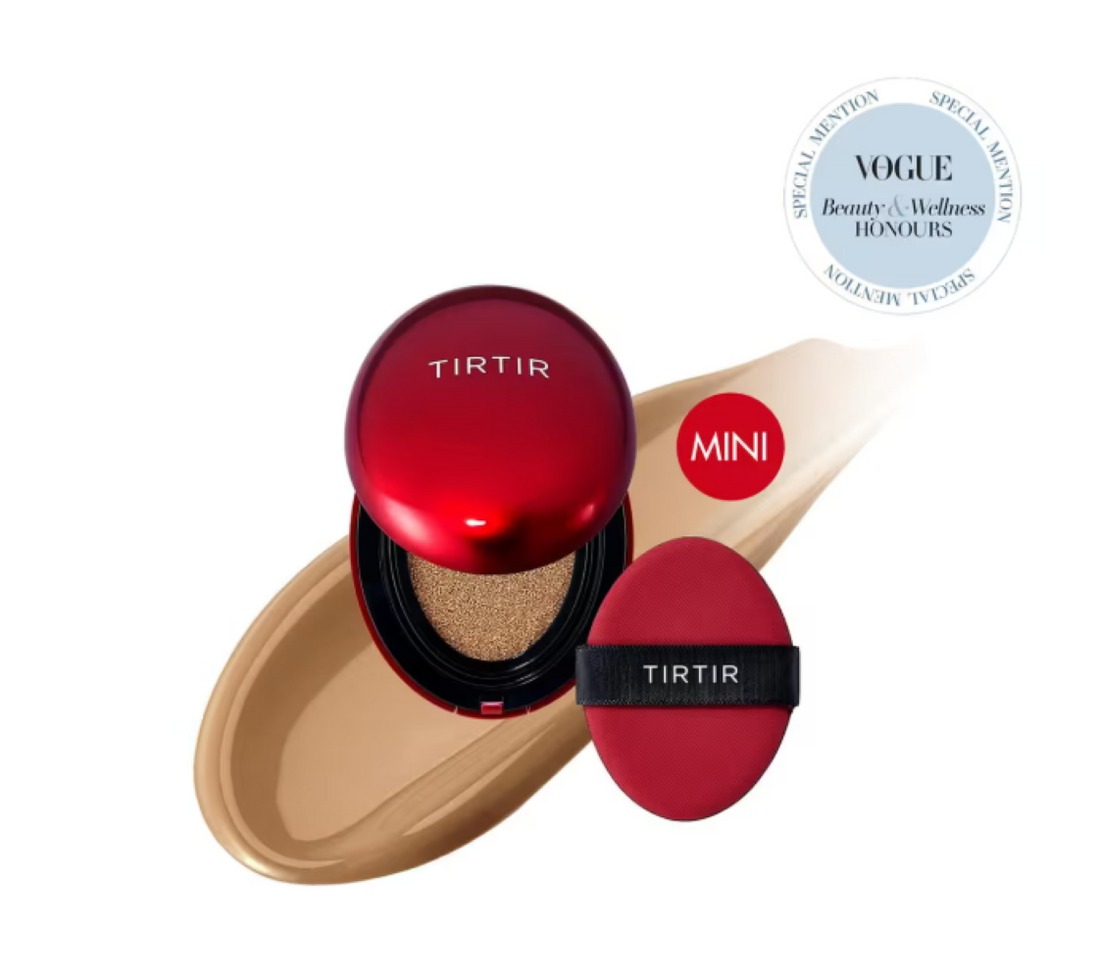 TIRTIR makeup compact with red lid and beige case on a white background, featuring Vogue Beauty & Wellness Honors badge, MINI TIRTIR Mask Fit Red Cushion 34W Toffee 4.5g