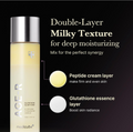 Skincare product with text describing its double-layer texture and benefits on a black background, Medicube Age-R Glutathione Glow Toner 140ml