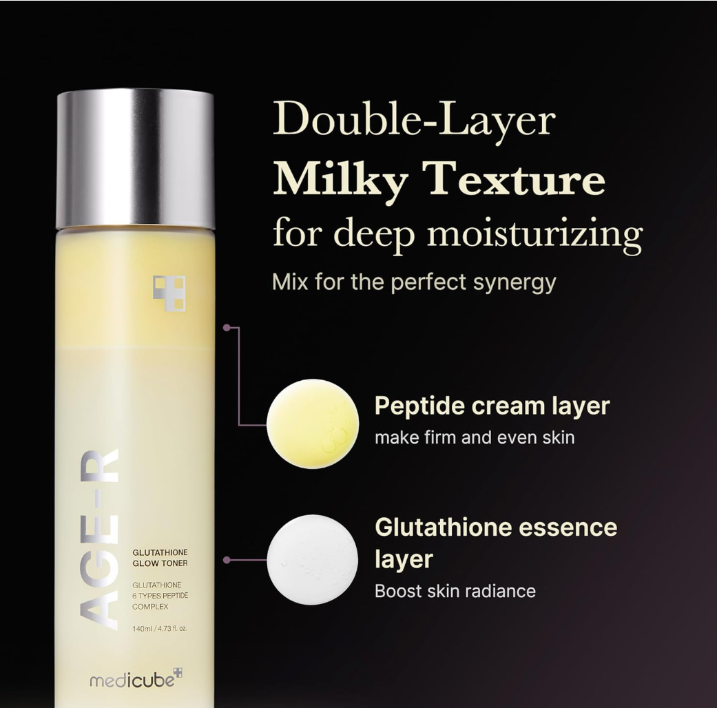 Skincare product with text describing its double-layer texture and benefits on a black background, Medicube Age-R Glutathione Glow Toner 140ml