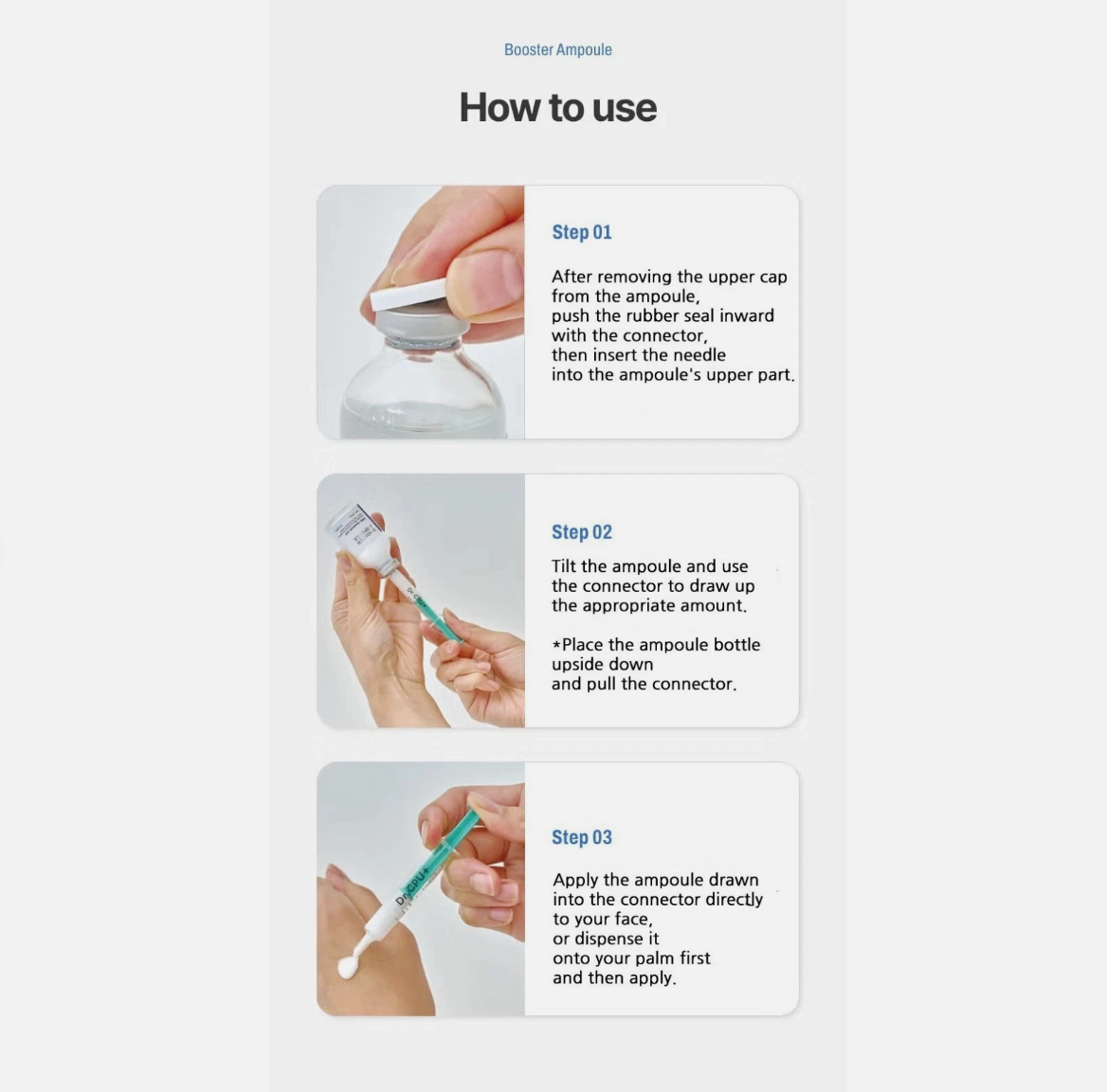 Instructions on how to use a booster ampoule with step-by-step images and text, Dr.cpu+ PDRN + Hyaluronic Booster Ampoule 30ml
