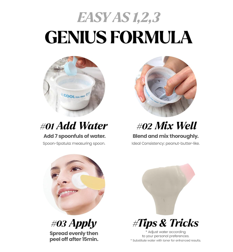 Instructions for using a skincare product with steps shown on a white background, Lindsay Calendula Modeling Mask Cup Pack 28g