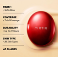 Red TIRTIR compact with product features listed on a beige background, TIRTIR Mask Fit Red Cushion 33W Ginger 18g