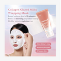 Collagen Glazed Milky Wrapping Mask with a woman wearing it and a tube of cream on a light blue and pink gradient background, Medicube Collagen Milk Toning Wrapping Mask 75ml