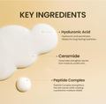 Key ingredients of a skincare product on a beige background with text, ONGREDIENTS Skin Barrier Calming Mask 6pcs