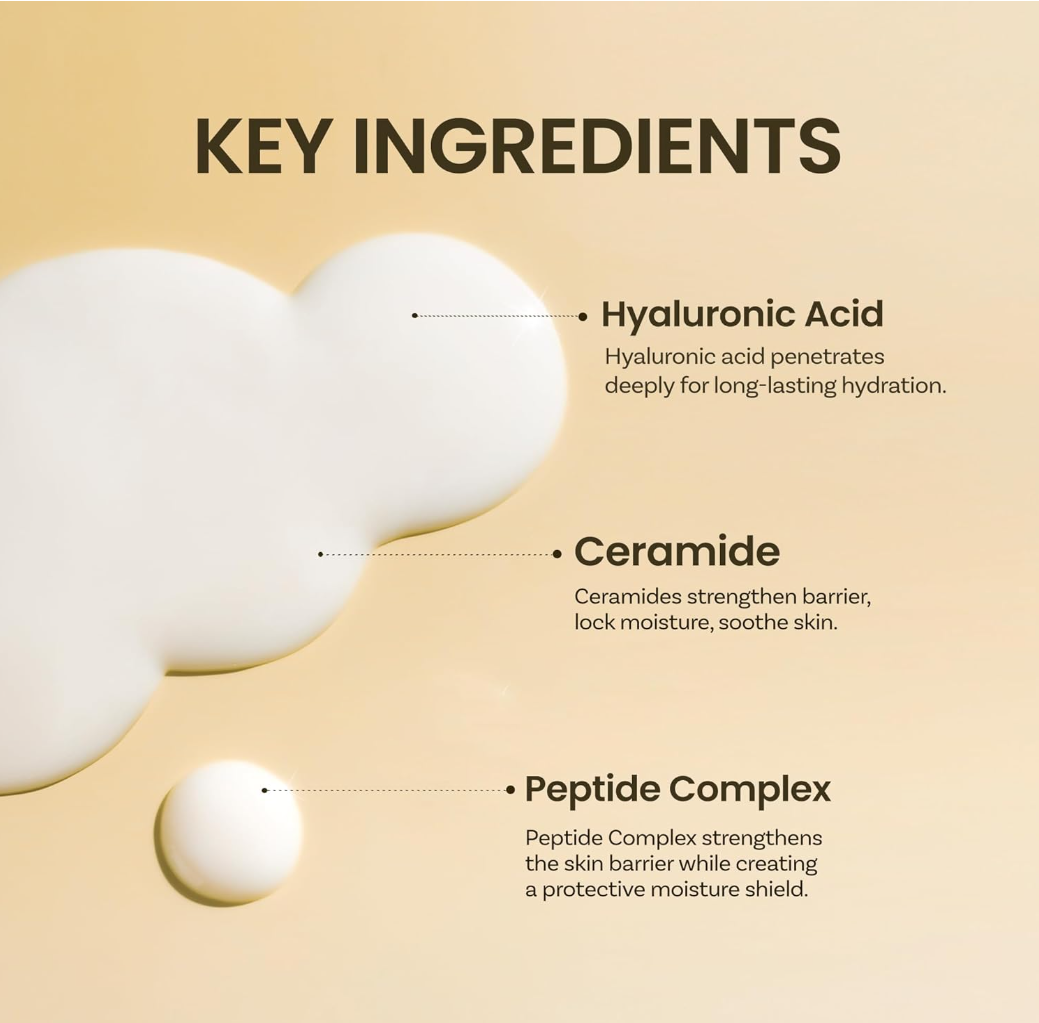 Key ingredients of a skincare product on a beige background with text, ONGREDIENTS Skin Barrier Calming Mask 6pcs