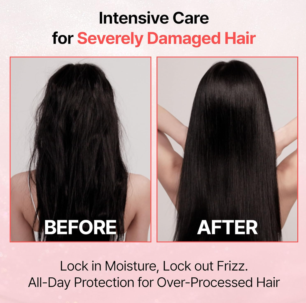 Before and after comparison of severely damaged hair with intensive care treatment, Growus Damage Therapy No-Wash Treatment EX 250ml