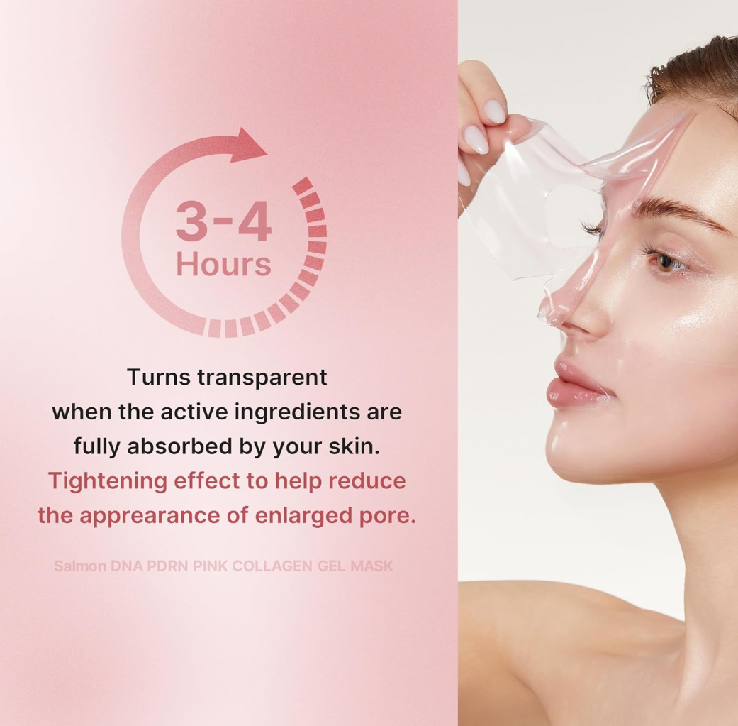 Woman applying a pink collagen gel mask with text about its effects on skin, Medicube PDRN Pink Collagen Gel Mask 4pcs