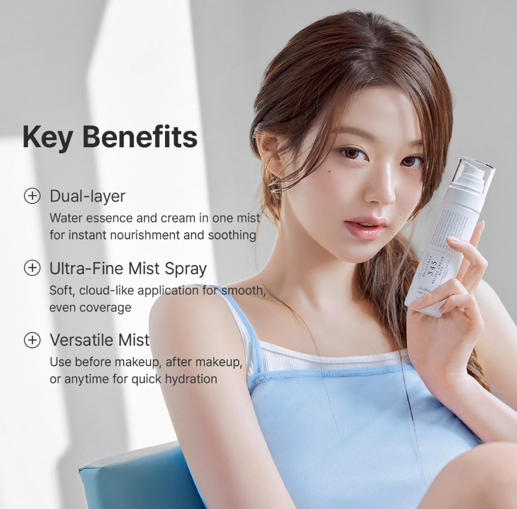 Woman holding a skincare product with key benefits listed on a white background, Dr.Althea 345 Relief Cream Mist 100ml