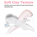 A skincare infographic on a white background with the headline 'Soft Clay Texture' and descriptive text. Two cream swatches are shown: a darker textured white clay smear labeled Bentonite Mineral Clay, and a pale pink clay smear labeled Calamine Pink Clay. TOCOBO Coconut Clay Cleansing Foam 150 ml