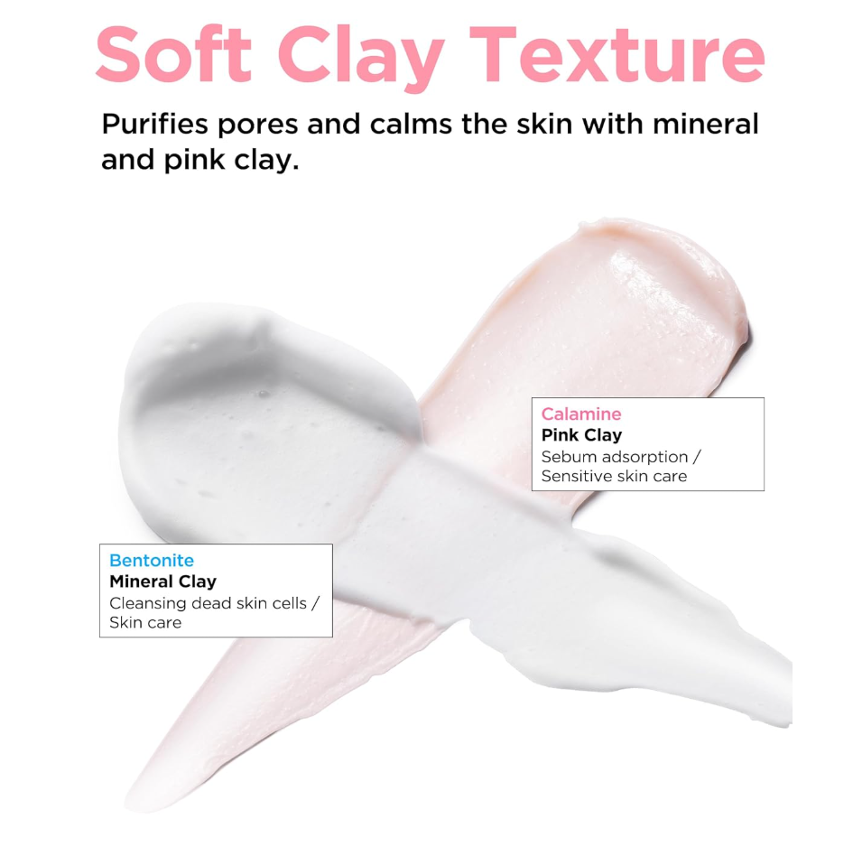 A skincare infographic on a white background with the headline 'Soft Clay Texture' and descriptive text. Two cream swatches are shown: a darker textured white clay smear labeled Bentonite Mineral Clay, and a pale pink clay smear labeled Calamine Pink Clay. TOCOBO Coconut Clay Cleansing Foam 150 ml