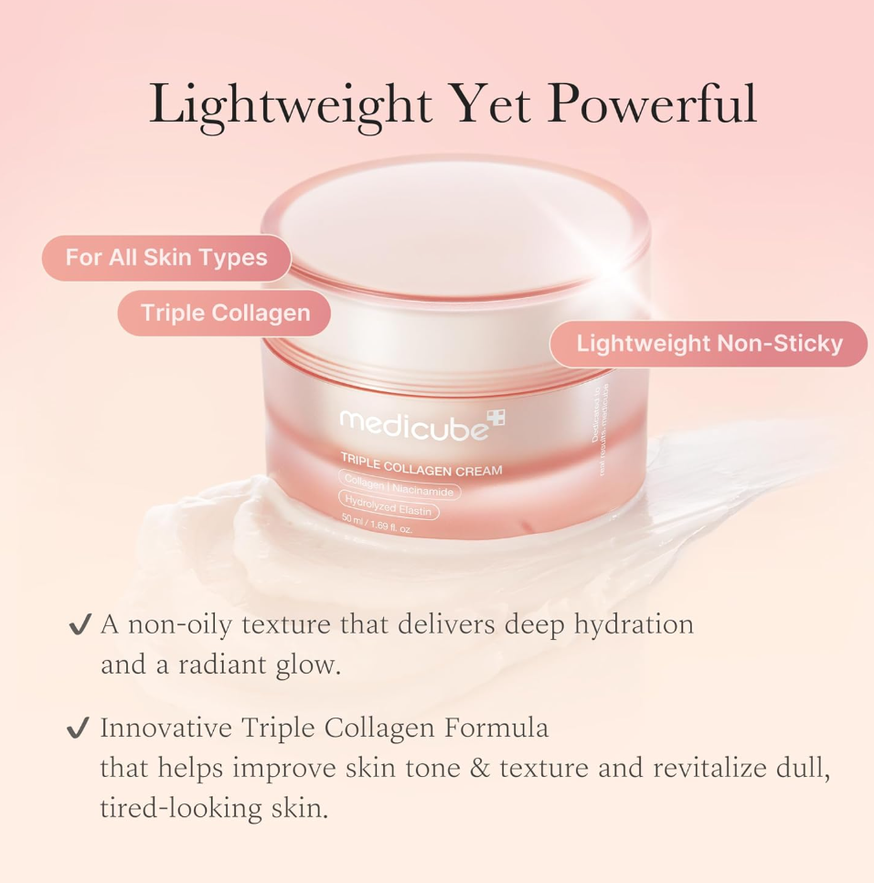 Medicube Triple Collagen Cream jar with product features on a pink background, Medicube Triple Collagen Cream 50ml