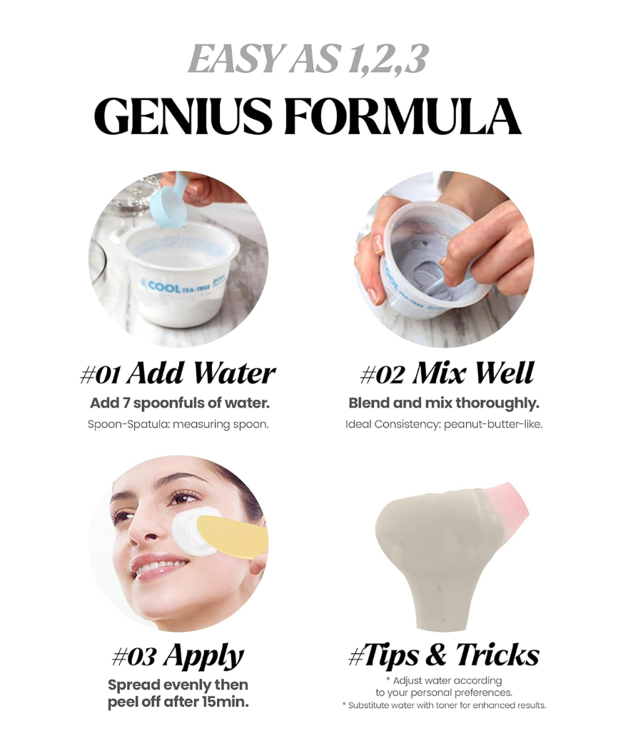 Instructions for using a skincare product with steps and images of application, Lindsay Collagen Modeling Mask Cup Pack 28g