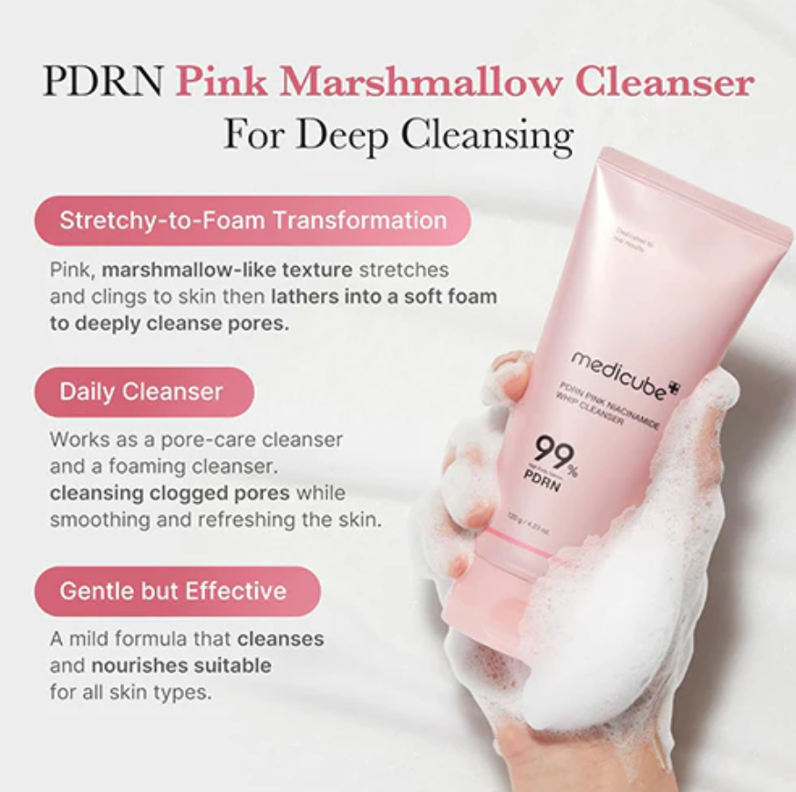 Pink marshmallow cleanser with text highlighting its features on a white background, Medicube PDRN Pink Niacinamide Whip Cleanser 120g