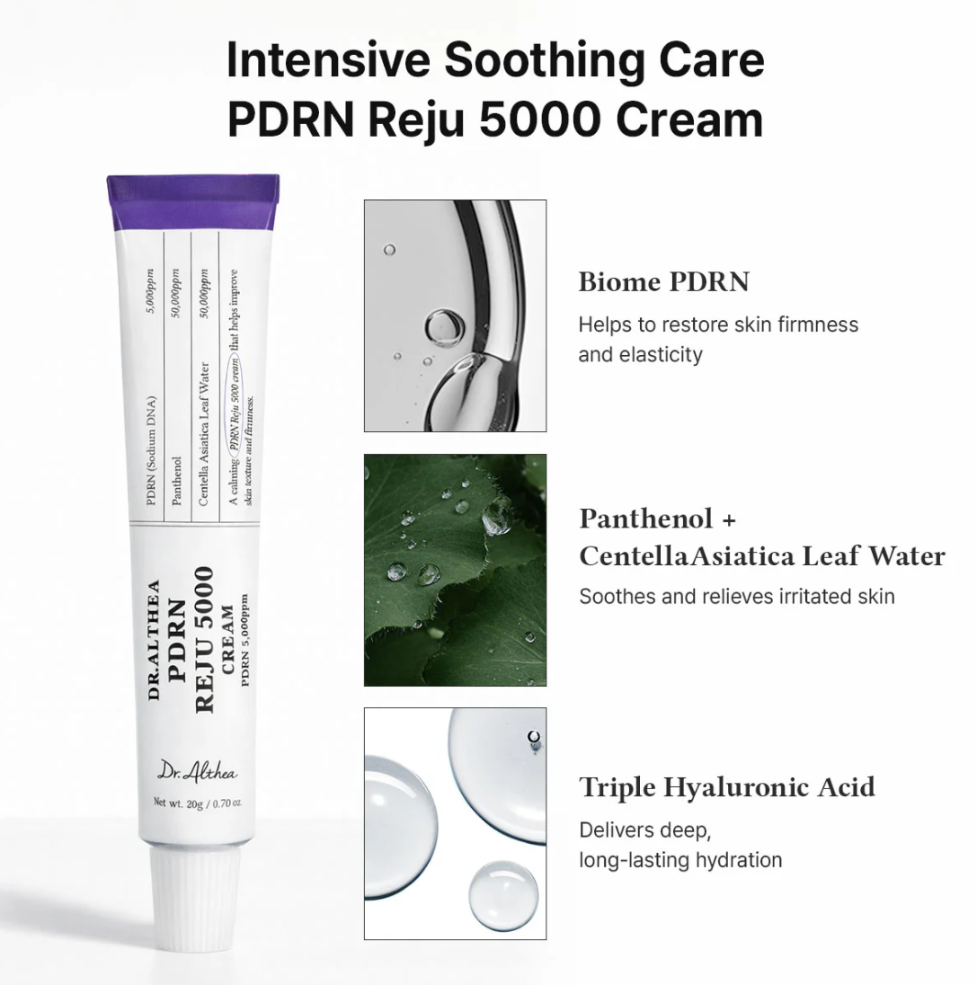 PDRN Reju 5000 Cream tube with product details on a white background, Dr.Althea PDRN Reju 5000 Cream 20g