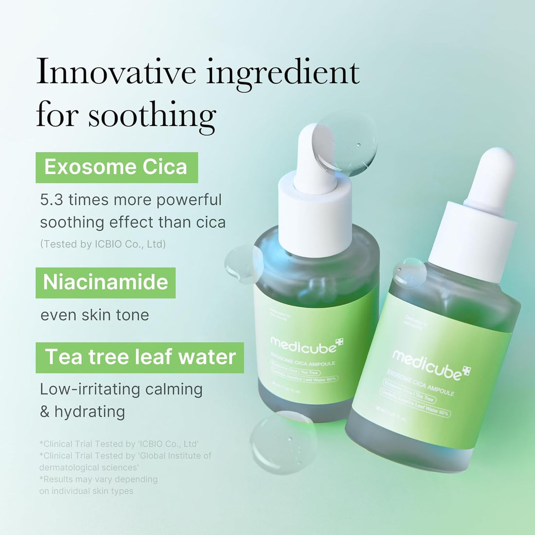 Exosome Cica Ampoule bottle with text on a green background, Medicube Exosome Cica Serum 30ml – Calming & Skin Barrier Repair Serum