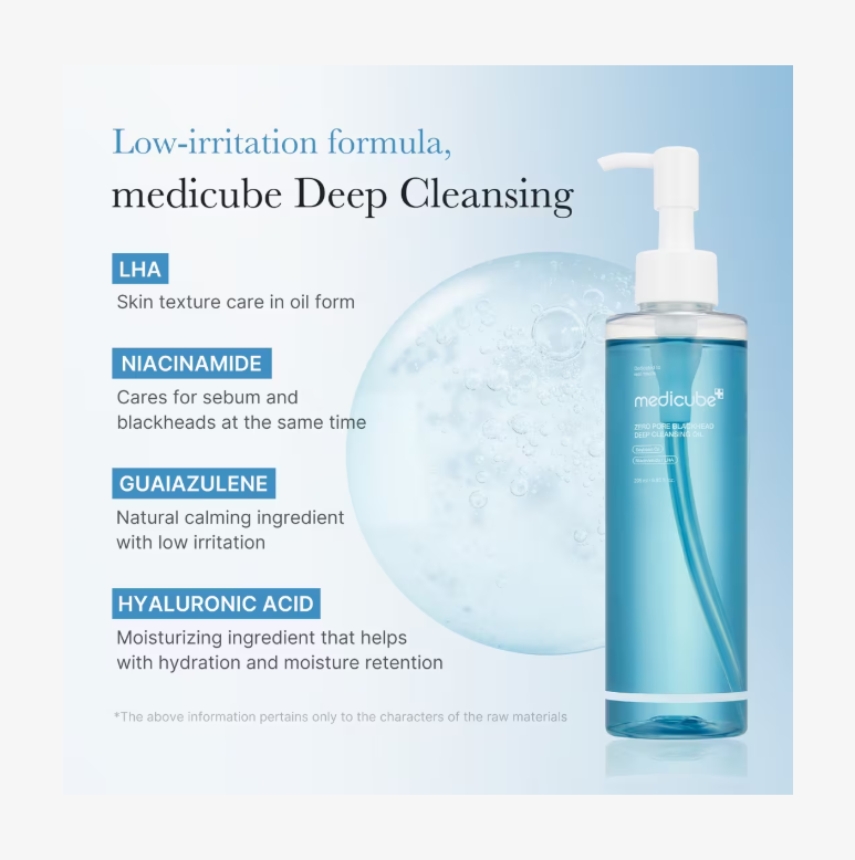 Medicube Deep Cleansing product with ingredients listed on a light blue background, Medicube Zero Pore Blackhead Deep Cleansing Oil 205ml