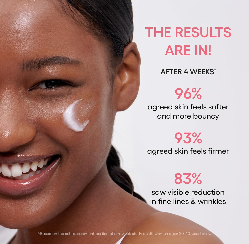 Woman with cream on her face with skincare product efficacy statistics. LANEIGE Bouncy & Firm Sleeping Mask 60ml