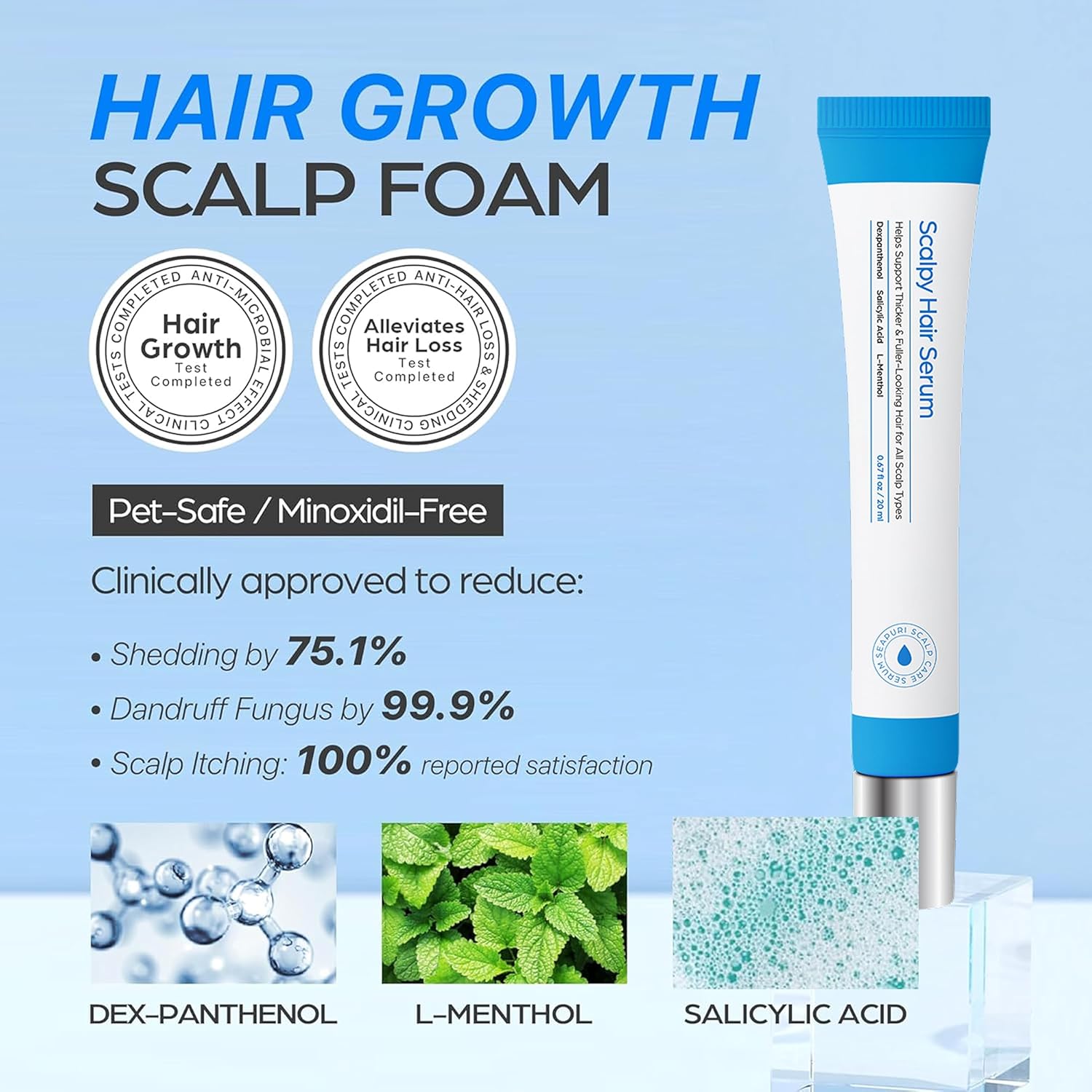 Hair growth scalp foam with product tube and benefits on a light blue background, Seapuri Scalpy Hair Serum 20ml