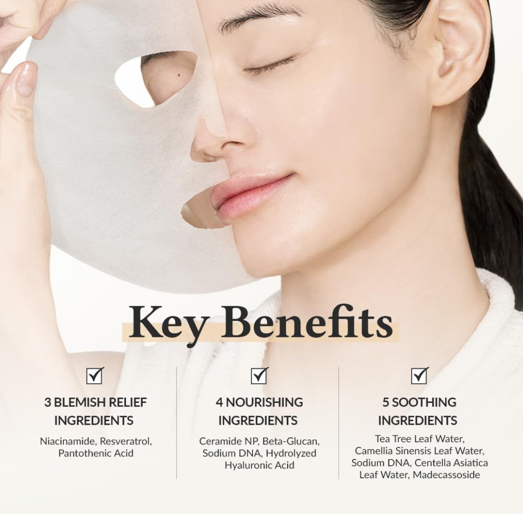 Woman applying a face mask with key benefits listed below, Dr. Althea 345 Relief Cream Mask 4pcs