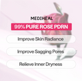 Advertisement for Mediheal 99% Pure Rose PDRN with text on skin benefits on a pink background, Mediheal Rose PDRN Mask 10+1