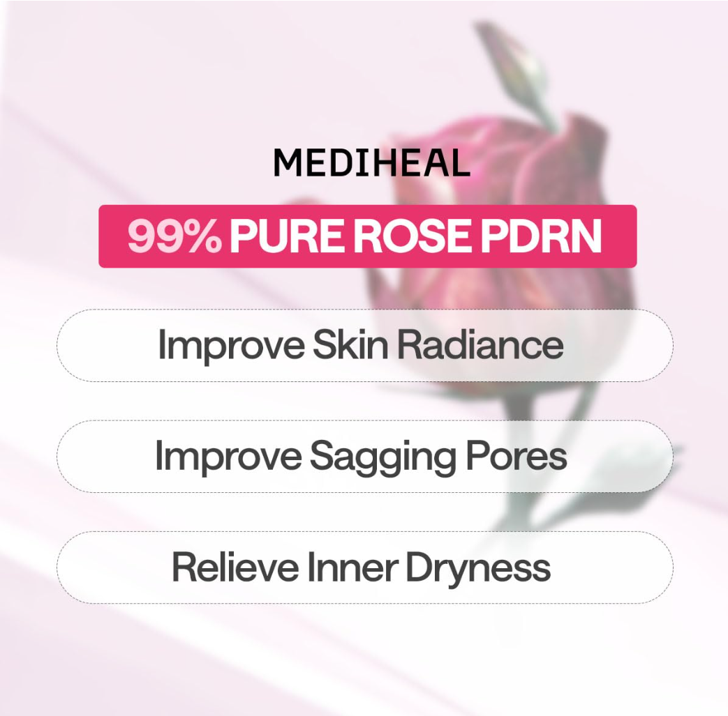 Advertisement for Mediheal 99% Pure Rose PDRN with text on skin benefits on a pink background, Mediheal Rose PDRN Mask 10+1