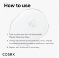 Cosrx micellar cleansing water usage instructions with a cotton pad and bubbles on a white background, COSRX Low pH Niacinamide Micellar Cleansing Water 400ml