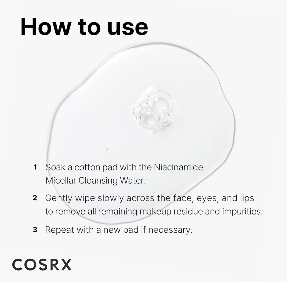 Cosrx micellar cleansing water usage instructions with a cotton pad and bubbles on a white background, COSRX Low pH Niacinamide Micellar Cleansing Water 400ml