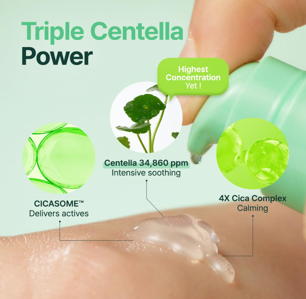 Product with Triple Centella Power text, showing a close-up of a hand applying a green cream to skin, Purito SEOUL Wonder Releaf Centella Serum Unscented 60ml