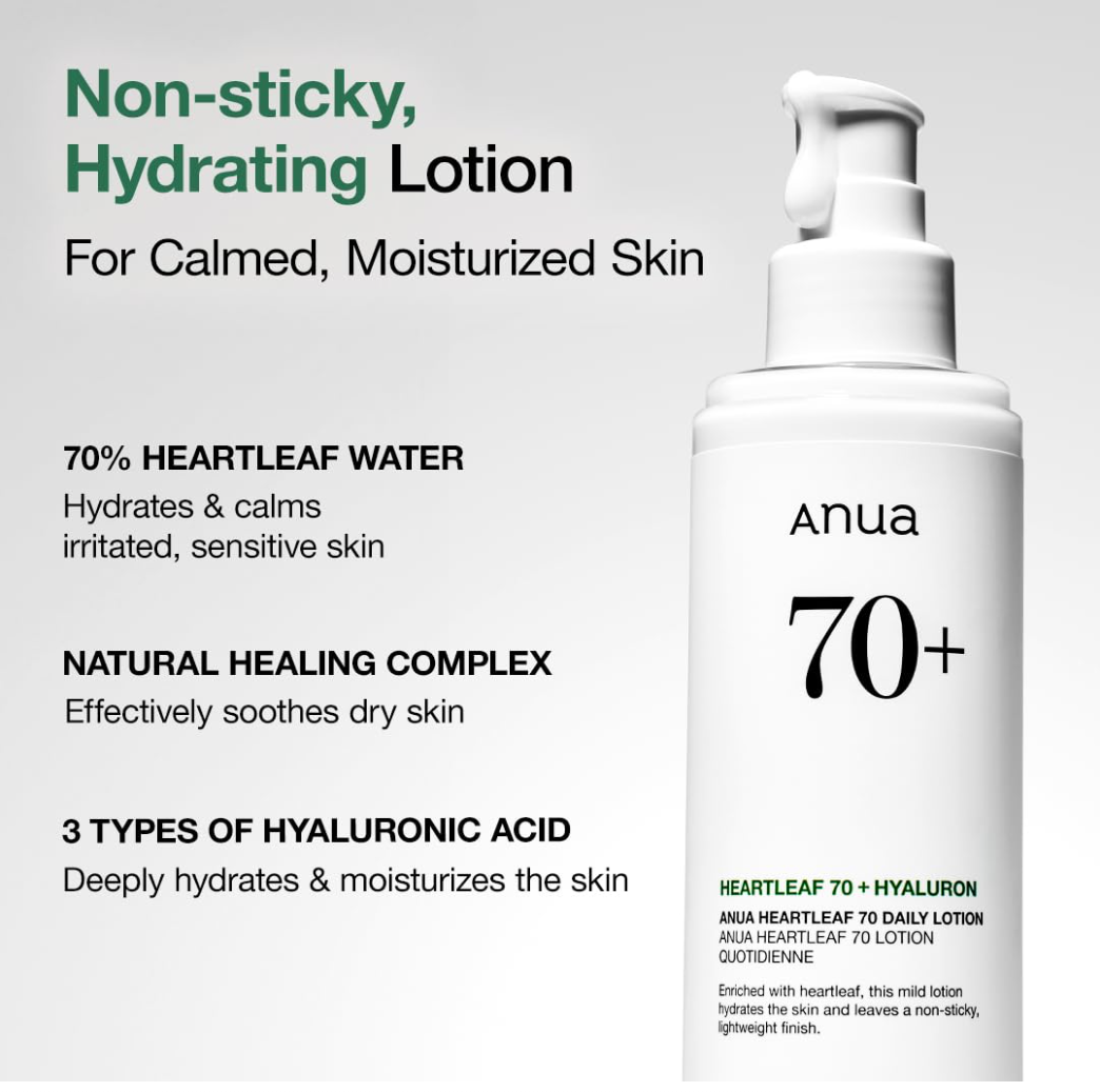 Anua 70+ skincare lotion bottle with product details on a gray background, Anua Heartleaf Daily Lotion 200ml
