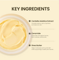 Key ingredients of a skincare product with a close-up of the cream and text on a beige background, ONGREDIENTS Deep Calming Cream 50ml