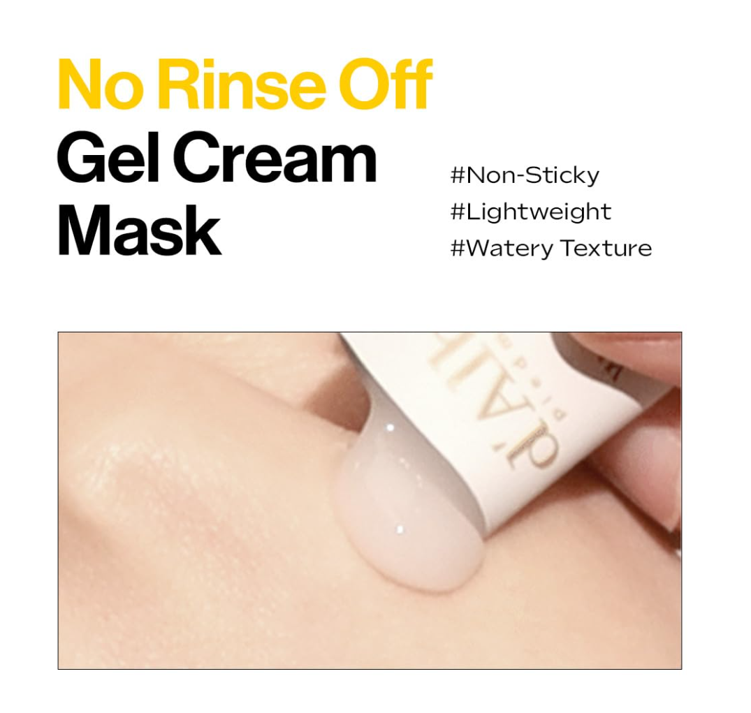 No Rinse Off Gel Cream Mask with text highlighting features on a white background, D'Alba Waterfull Vegan Sleeping Pack 4ml x12 pcs