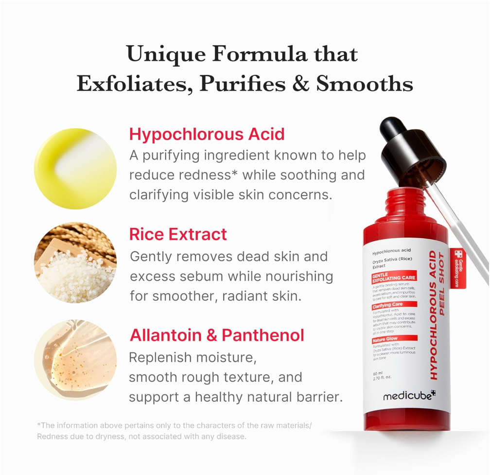 MediCube Hypochlorous Acid Peel Shop skincare bottle with a dropper on a white background, accompanied by three ingredient callouts: Hypochlorous Acid, Rice Extract, and Allantoin & Panthenol, Medicube Hypochlorous Acid Peel Shot 80ml