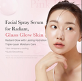 Advertisement for facial spray serum with a woman's face on a pink background, Medicube PDRN Pink Glutathione Serum Mist 100ml