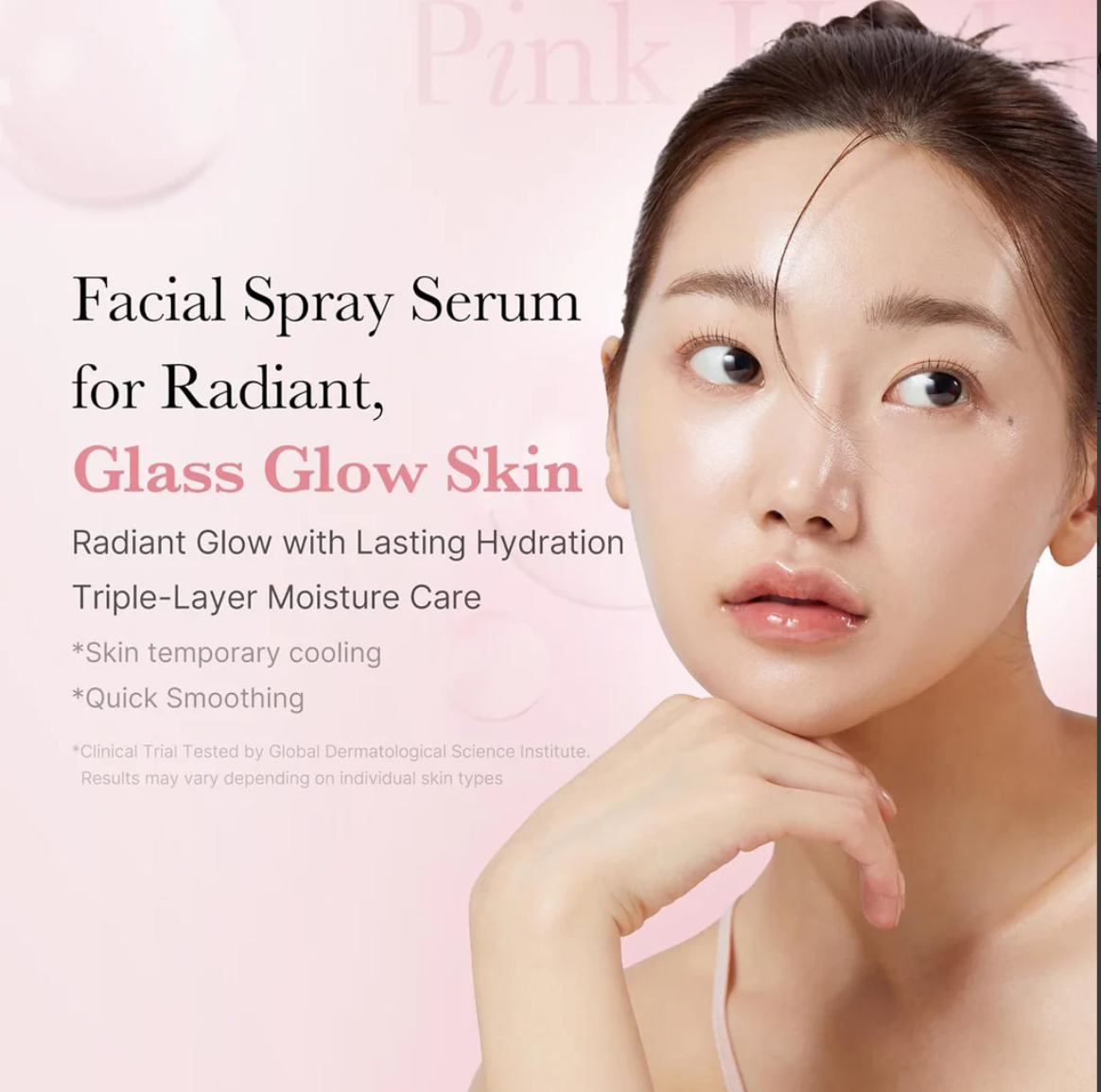 Advertisement for facial spray serum with a woman's face on a pink background, Medicube PDRN Pink Glutathione Serum Mist 100ml