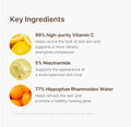 An informational graphic titled 'Key Ingredients' on a light background, listing three skincare ingredients with small ingredient photos and text: 99% high-purity Vitamin C, 5% Niacinamide, and 77% Hippophae Rhamnoides Water, Medicube Deep Vita C Capsule Serum 30ml