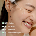 Woman using a skincare product with text indicating benefits on a beige background, Dr.althea Gentle Vitamin C Serum 30ml