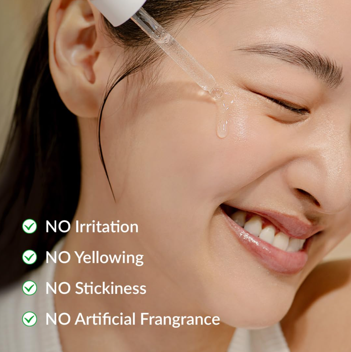 Woman using a skincare product with text indicating benefits on a beige background, Dr.althea Gentle Vitamin C Serum 30ml